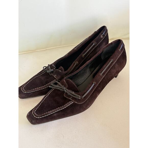 Unisa Suede Loafer Heels 9.5 39.5 Dark Brown Pumps 90s Y2K Stitch Academia Prep - Picture 1 of 8